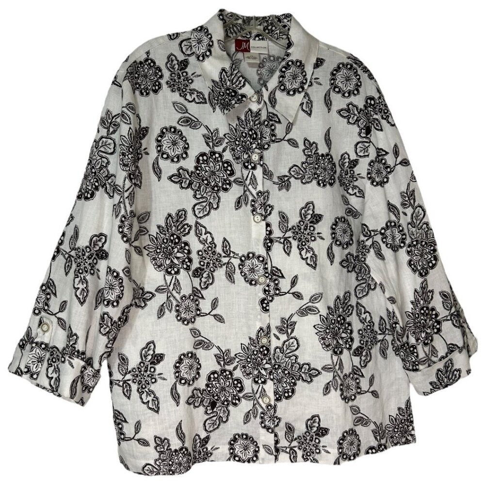 JM Collection Brown & White Floral Button-Down Linen‎ Shirt Women's Size 14